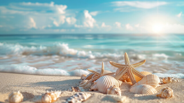 starfish and seashell on sandy beach, summer backround with copy space