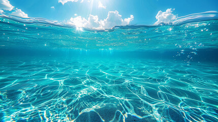 Underwater bubbles moving to surface in turquoise crystal clear sea
