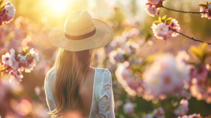 A woman in a hat looking at flowers with pink petals, AI