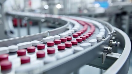 Conveyor Belt Filled With Red and White Pills