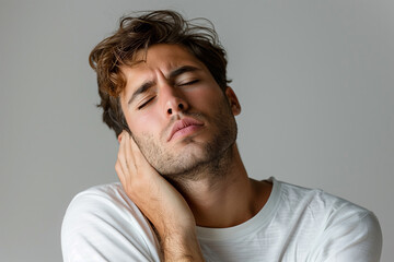Fototapeta premium Pensive Young Man With Curly Hair Sitting Indoors During Daytime