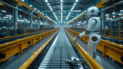 A robot is standing on a conveyor belt in an industrial setting, AI