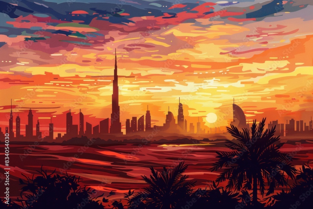 Wall mural Postcard with landscape of Abu Dhabi, Dubai, UAE at sunset