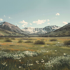 serene meadow with mountains in the background