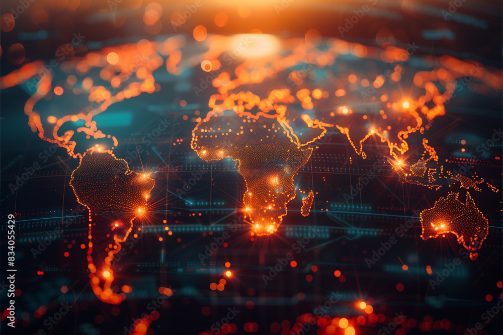 Poster Digital World Map With Glowing Continents and Cities