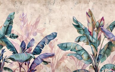 Illustration of tropical wallpaper print design with palm leaves, birds and texture. Exotic plants and birds on textured background. AI generated illustration
