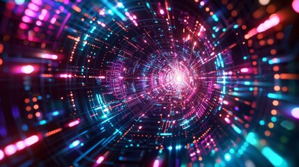 Obraz premium A colorful, neon tunnel with a bright light at the end. The tunnel is filled with bright, colorful lights that create a sense of movement and energy