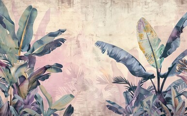 Illustration of tropical wallpaper print design with palm leaves, birds and texture. Exotic plants and birds on textured background. AI generated illustration