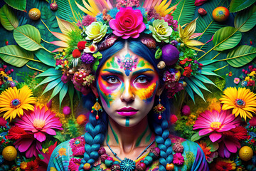 colorfully abstracted faces, cult party kei, manticore, celestialpunk, tropical symbolism, floral explosions, catcore.