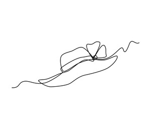 Women's hat with brim in continuous line art style. Summer sun hat with a large bow. Drawing black linear minimalist design.