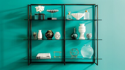 Modern glass shelving unit with decorative items against a vibrant teal wall, stylish living room furniture, contemporary home organization
