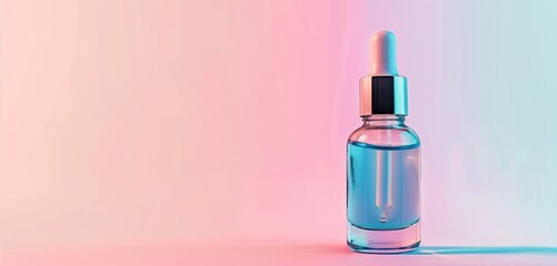 Skincare ad with a hydrating serum bottle against a plain pastel background, left side copy space for text, perfect for skincare promotions.