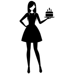 a high-resolution vector silhouette of a realistic woman, a slim beautiful girl standing with holding a birthday cake with hands and smiling