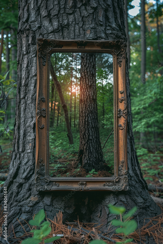 Poster a mirror leaning against a tree, reflecting the surrounding forest and creating a window-like effect
