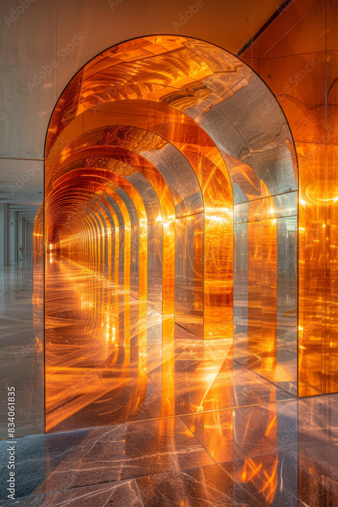Poster multiple mirrors arranged to create an infinite tunnel effect, with soft ambient lighting,