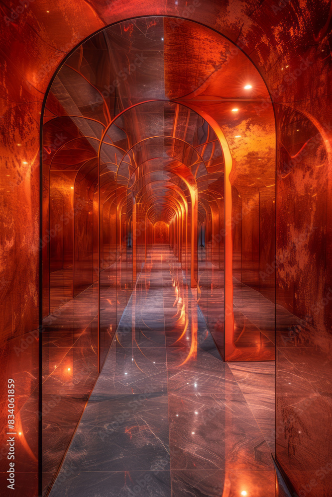 Poster multiple mirrors arranged to create an infinite tunnel effect, with soft ambient lighting,