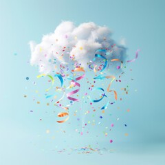 Party cloud with colorful confetti and streamers. Minimal celebration pastel blue background.