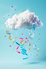 Party cloud with colorful confetti and streamers. Minimal celebration pastel blue background.