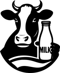 Silhouette cow and milk bottle logo vector 