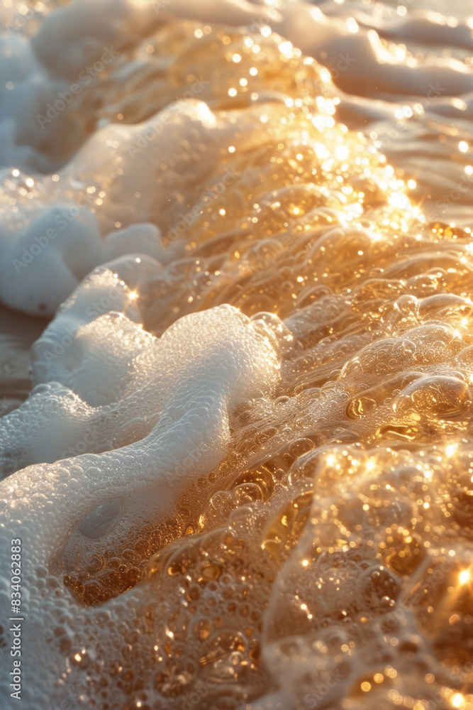 Poster a close-up of the interaction between ocean foam and golden sand, creating a sparkling effect,
