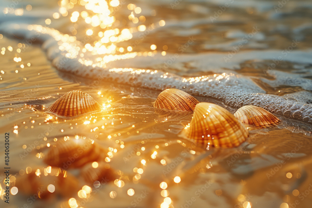 Poster a macro shot of golden sand grains with tiny shells and ocean water droplets creating a reflective s