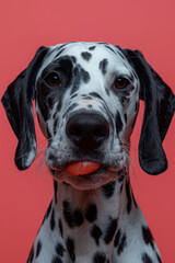 Close-up of a Dalmatianâ€™s face covered in red lipstick kisses, set against a solid pink background,