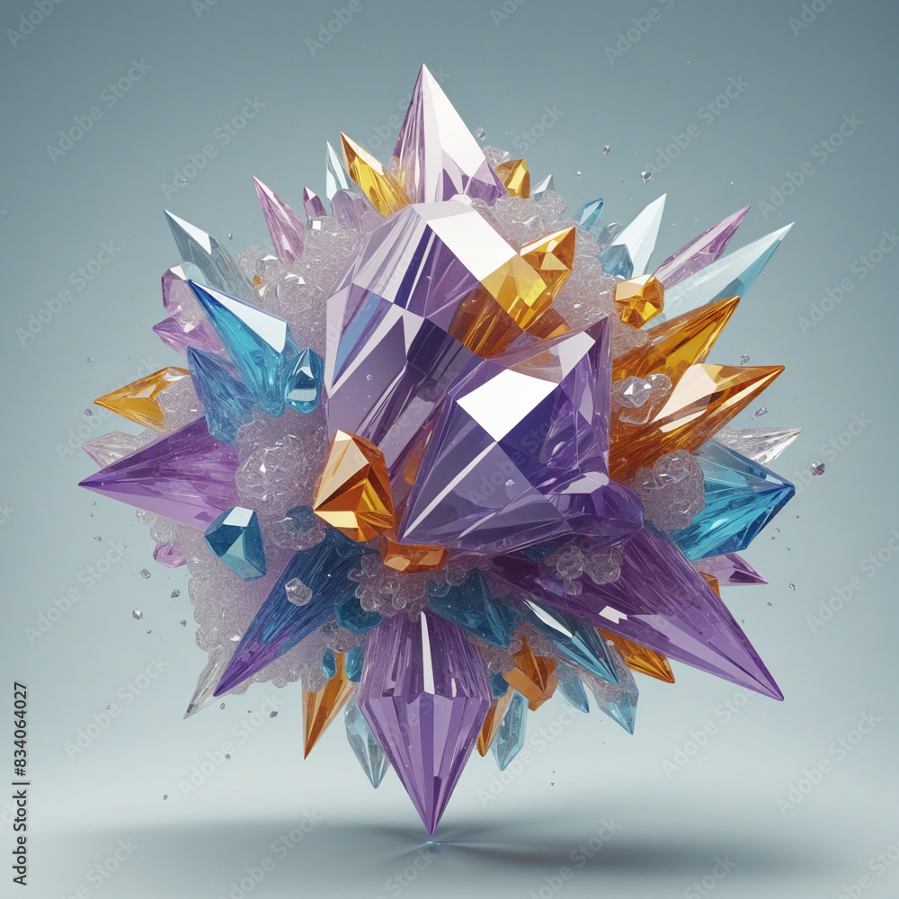 Poster a futuristic, generative ai creation of colourful crystal shards, rendered in three dimensions, isol