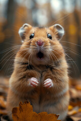 A surprised hamster with its cheeks puffed up, eyes wide open,