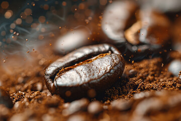 Close-up of coffee beans being ground, showing the texture and details of the grinding process,