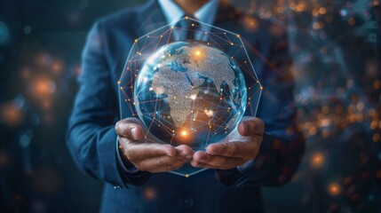 Fototapeta premium A man is holding a globe surrounded by a network of lines.