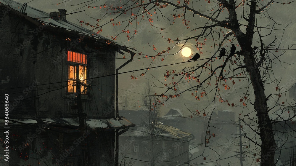 Poster a house with a tree in the foreground and a full moon in the background