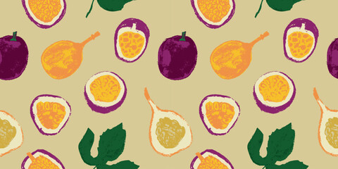 Tropical fruit banner. Vector passion fruit seamless pattern. Hand drawn granadilla illustrations. Colorful exotic fruits ornate print. Natural background for cosmetics, fruits puree or juice label.