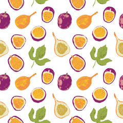 Tropical fruit banner. Vector passion fruit seamless pattern. Hand drawn granadilla illustrations. Colorful exotic fruits ornate print. Natural background for cosmetics, fruits puree or juice label.