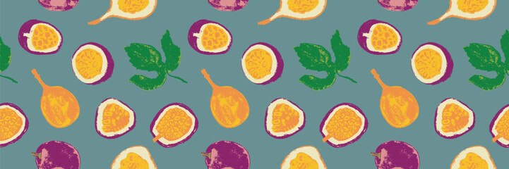 Tropical fruit banner. Vector passion fruit seamless pattern. Hand drawn granadilla illustrations. Colorful exotic fruits ornate print. Natural background for cosmetics, fruits puree or juice label.