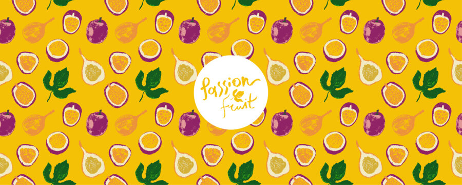 Tropical fruit banner. Vector passion fruit seamless pattern. Hand drawn granadilla illustrations. Colorful exotic fruits ornate print. Natural background for cosmetics, fruits puree or juice label.