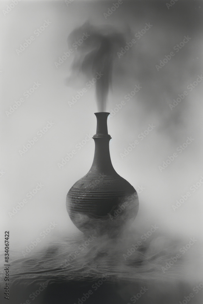 Poster an outline of a steam distillation pot with gentle lines and soft curves,