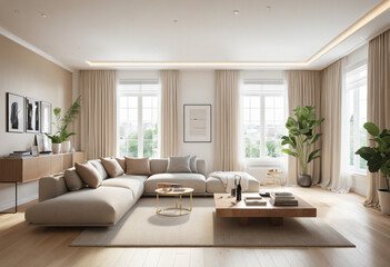 Fototapeta premium Renovated minimalist living room featuring elegant parquet flooring, cozy Scandinavian design, and luxurious touches in a simple and comfortable interior with a touch of orange and grey accents