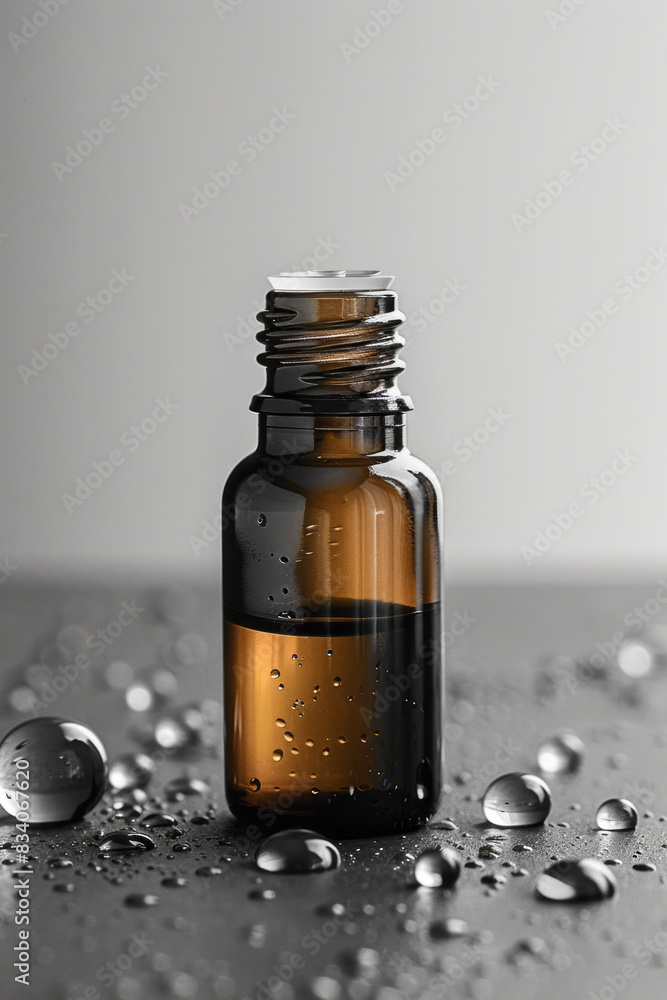 Poster minimalist close-up of an essential oil bottle with a simple label and a few drops on the side,