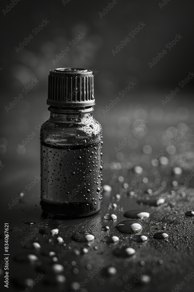 Poster Minimalist close-up of an essential oil bottle with a simple label and a few drops on the side,