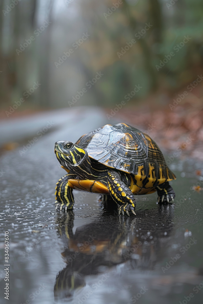 Poster a turtle in a snug raincoat, slowly making its way across a wet path,