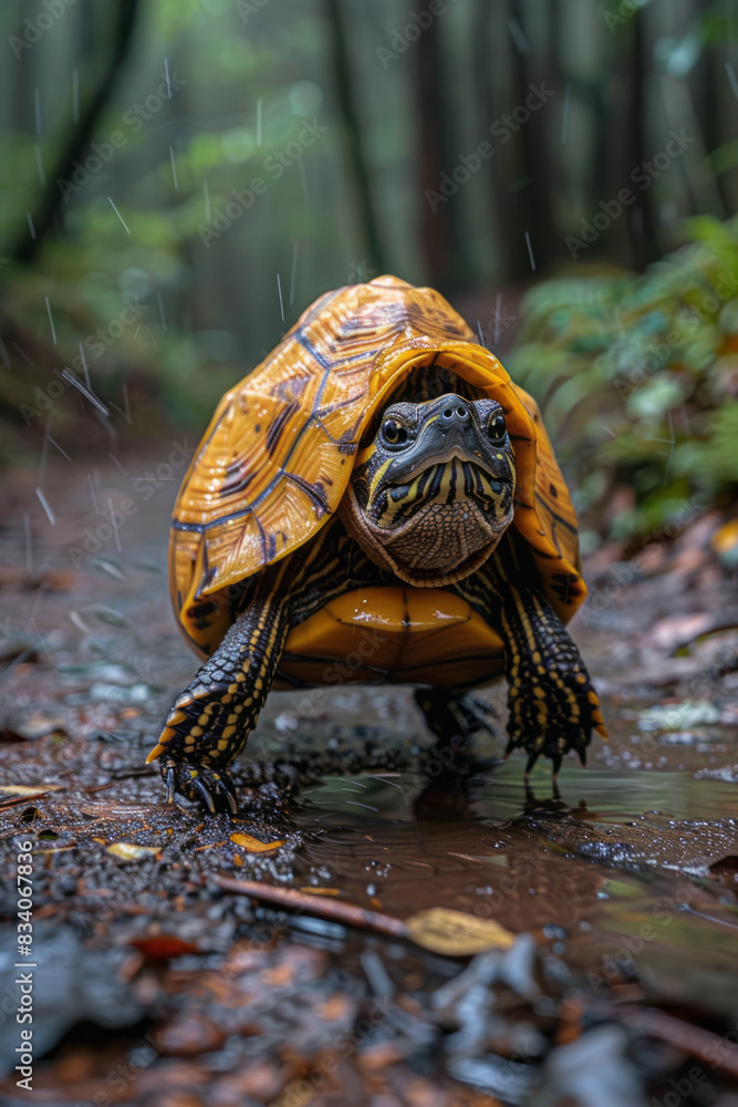 Poster a turtle in a snug raincoat, slowly making its way across a wet path,