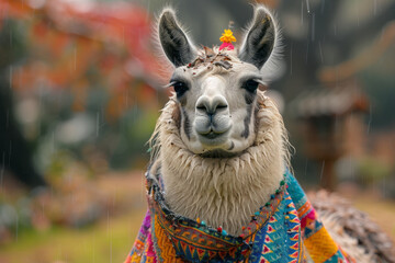 Fototapeta premium A llama in a colorful, patterned raincoat, standing proudly in the rain,