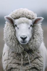 A sheep in a fluffy white raincoat, grazing in a rainy field,
