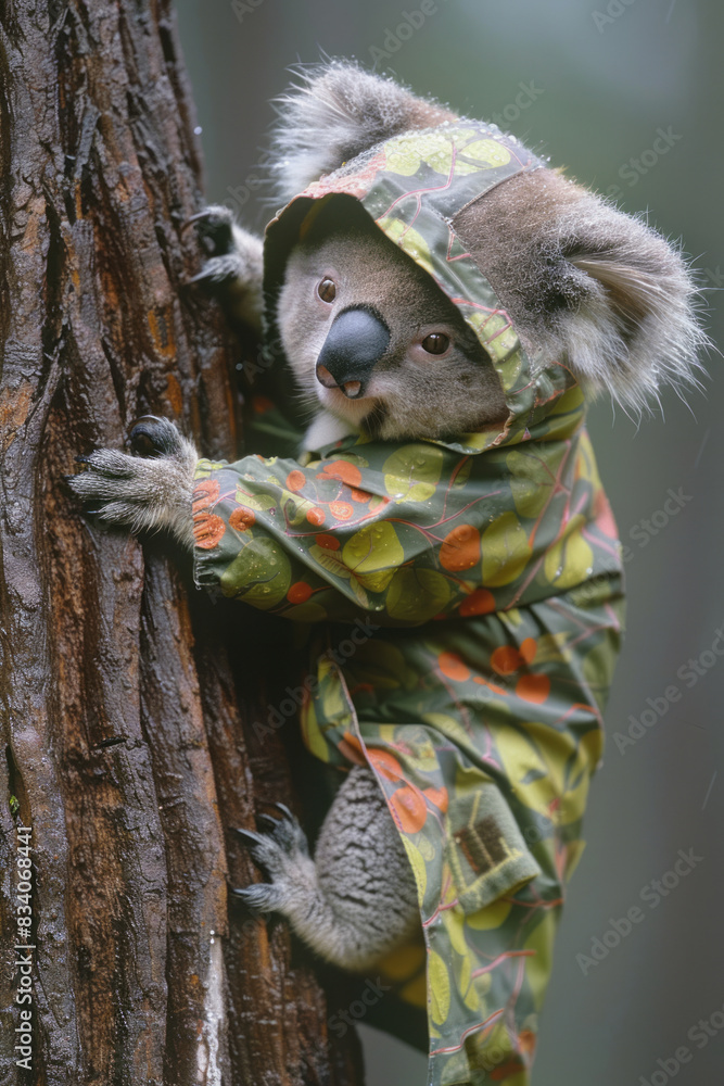 Poster a koala in a eucalyptus-patterned raincoat, clinging to a tree trunk,