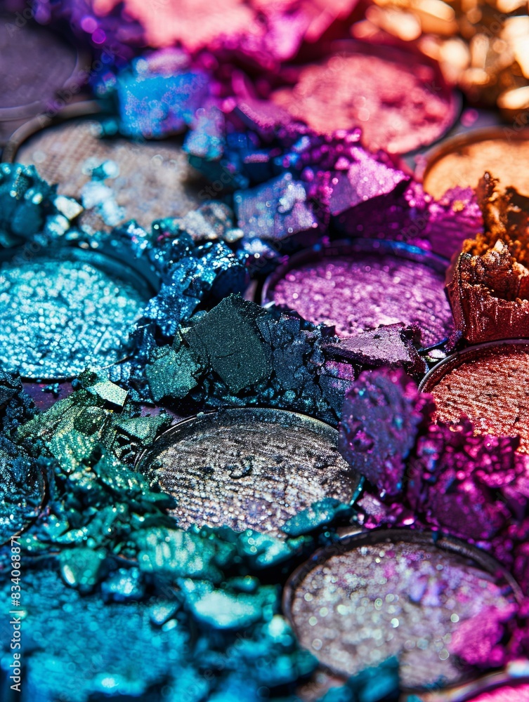 Poster Detailed view of a multi-colored eyeshadow palette with bright and varied hues, showcasing its texture and even surface. Generative AI
