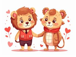 Tigers in love with heart valentine's day, couple animals with heart and valentine's day, illustration