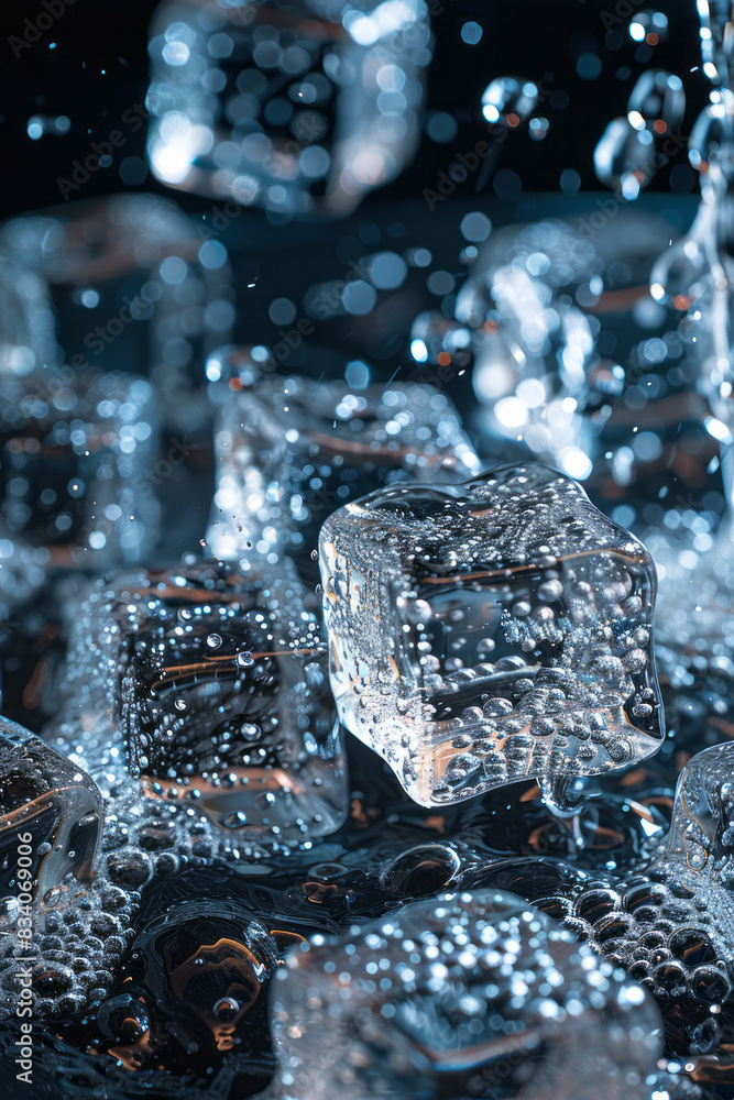 Poster close-up of ice cubes being added to a blender, with condensation forming on the surface,