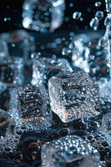Close-up of ice cubes being added to a blender, with condensation forming on the surface,