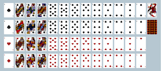 Full set of playing cards in funny modern colorful linear style. Vector illustration