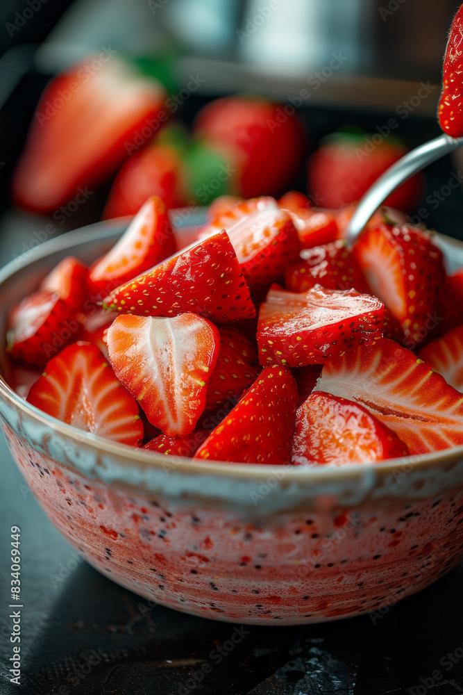 Poster macro image of sliced strawberries being arranged on a smoothie bowl,